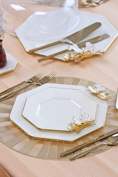 Glore Dolmabahçe Octagonal Cream Gold Gilt Glass Serving Plate Set for 6 Persons