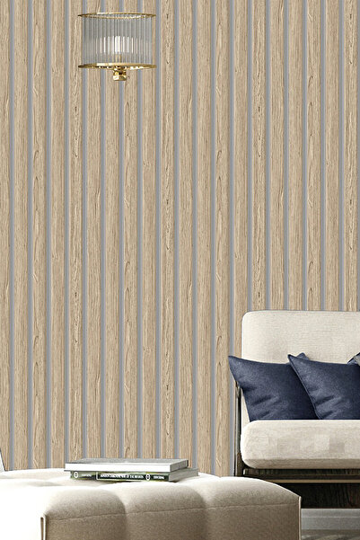 Bien Duvar Kağıtları Bien Exclusive Bej Açık Meşe Gri Ahşap Lambri Panel Duvar Çıtası Desen Duvar Kağıdı 5 M²