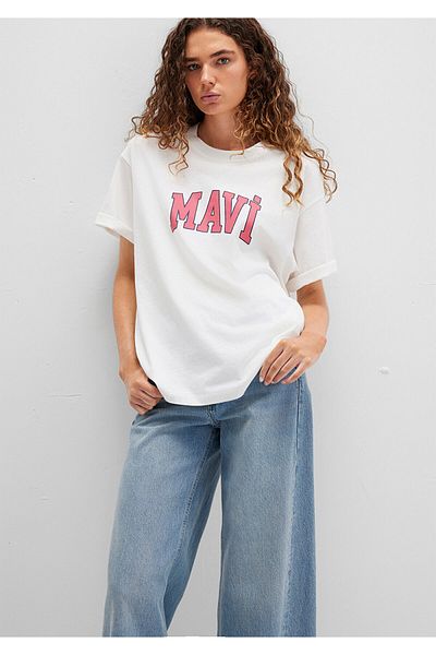 Mavi Tricou alb imprimat cu logo oversize / croi lat 1600843-80194