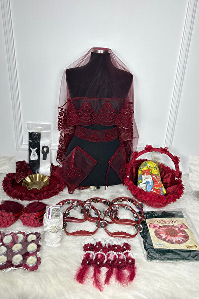 AZREN STORE Bordo 333 Parça Vip Lüks Kına Gecesi Seti Gelin Damat Duvak Seti Kına Gecesi Malzemeleri Seti