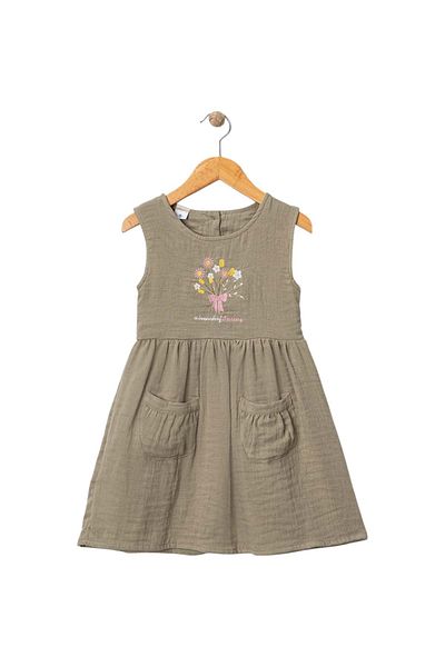 Babexi Flower Embroidered Muslin Dress Green