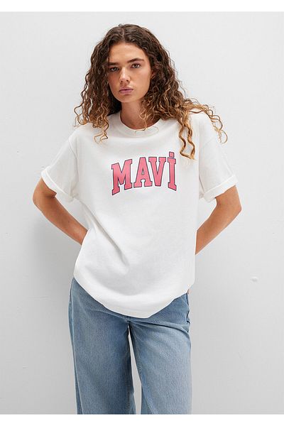 Mavi Tricou alb imprimat cu logo oversize / croi lat 1600843-80194