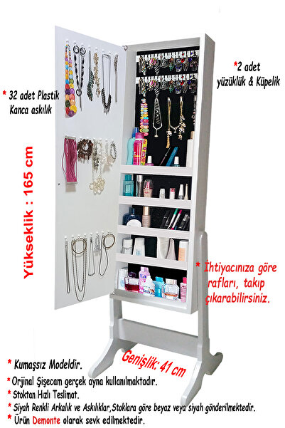 First Mobilya Number One - Demonte - Çok Amaçlı - Ayaklı - Askılık - Aynalı Hediyelik Takı Dolabı - Beyaz