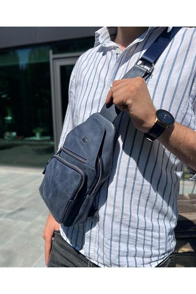 MFT Leather Design Geantă de umăr Baggysaki albastru bleumarin din piele naturală - 6981