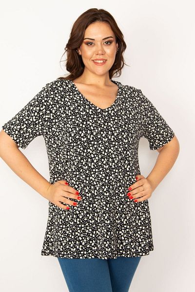 Şans Women's Large Size Black V-Neck Floral Patterned Blouse 65n33538