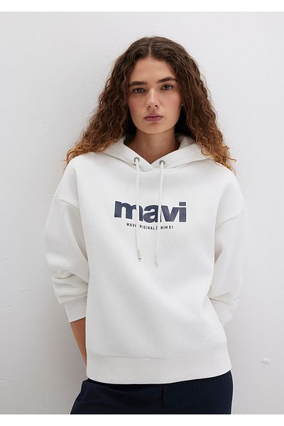Mavi Hanorac ecru cu glugă cu imprimeu cu logo 168334-81964