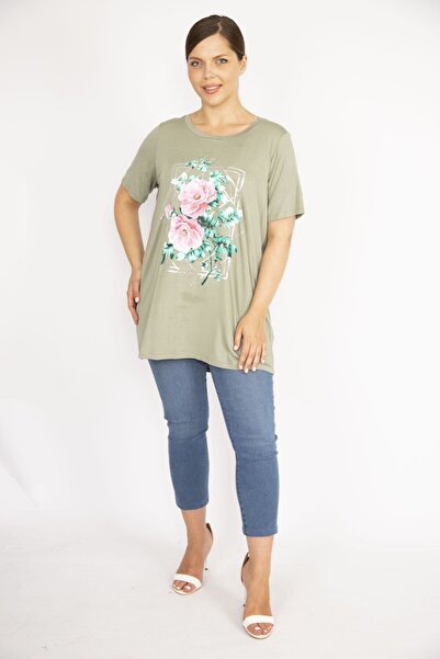 Şans Women's Khaki Large Size Relaxed Cut Crew Neck Front Printed Tunic 65n36595