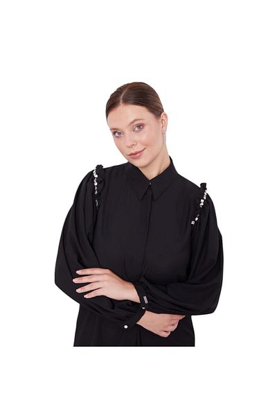 Levidor Shoulder Ruffle Stone Embroidery Detailed Two-Piece Suit