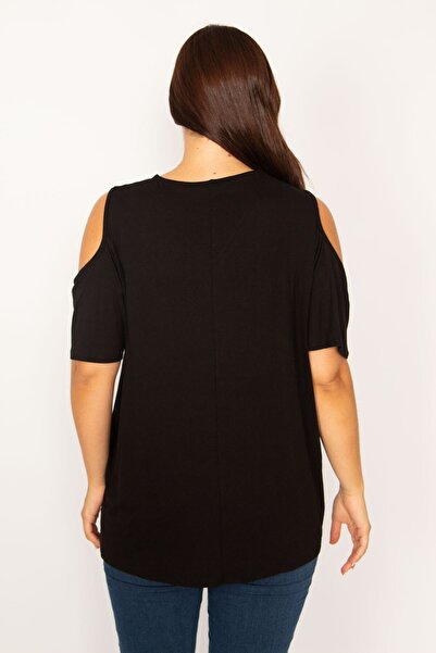 Şans Women's Large Size Black Shoulder Decollete Front Placket Zipper Relaxed Cut Tunic 65n34206