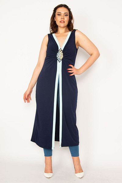 Şans Γυναικείο μεγάλο μέγεθος Navy Blue Chest Stone Λεπτομερής Κάπα 65n33205