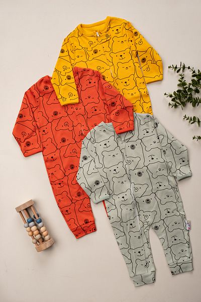 Mıdırık Teddy Bear Printed Zippered Cotton 9-12-18 Unisex 3-Piece Jumpsuit Set