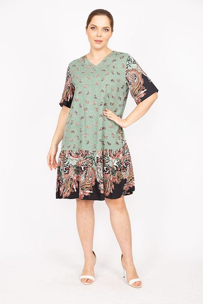 Şans Women's Colorful Plus Size Woven Viscose Fabric Paisley Patterned Dress 65n35834