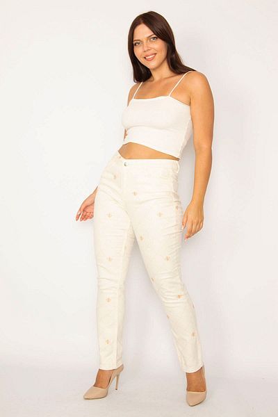 Şans Women's Large Size Beige Plaid Printed Lycra 5 Pocket Jeans Trousers 65n34151