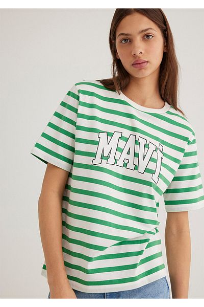 Mavi Grün gestreiftes T-Shirt mit Logodruck, normale Passform / normaler Schnitt 1611360-84477