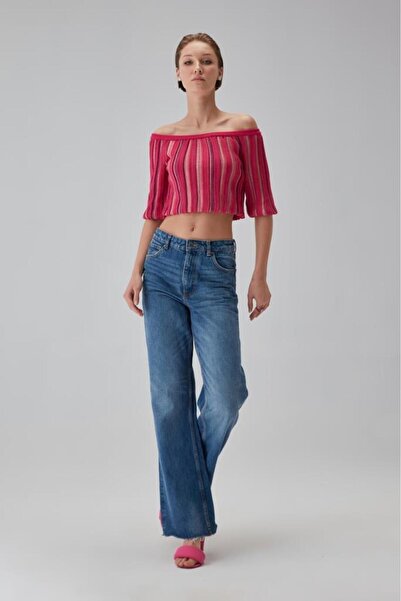 JOIN US Kayık Yaka Çizgili Pembe Crop Top