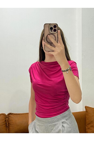 peri tower Γυναικεία μπλούζα με κοντό μανίκι με λαιμόκοψη και μέση με κορδόνι από ύφασμα