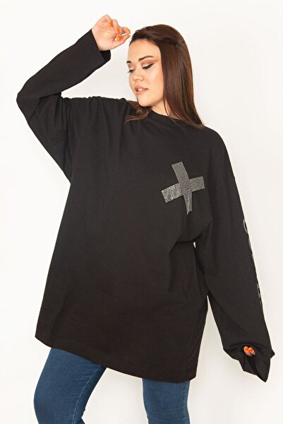 Şans Women's Black Large Size Cotton Fabric Stone Detailed Tunic 65n35776