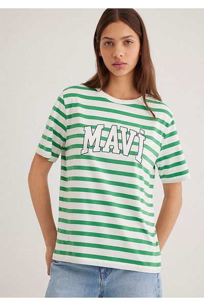 Mavi Grün gestreiftes T-Shirt mit Logodruck, normale Passform / normaler Schnitt 1611360-84477