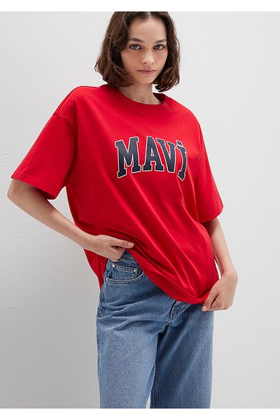 Mavi Rotes T-Shirt mit Logo-Print, Übergröße/weiter Schnitt 1600843-82054