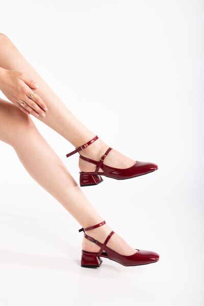 dearshoes Kadın Mary Jane Bordo Rugan Arkası Açık Kare Burunlu Topuklu Ayakkabı