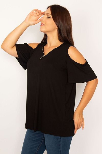Şans Women's Large Size Black Shoulder Decollete Front Placket Zipper Relaxed Cut Tunic 65n34206