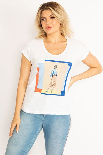 Şans Women's Large Size White Cotton Fabric Front Printed V-Neck Blouse 65n34719