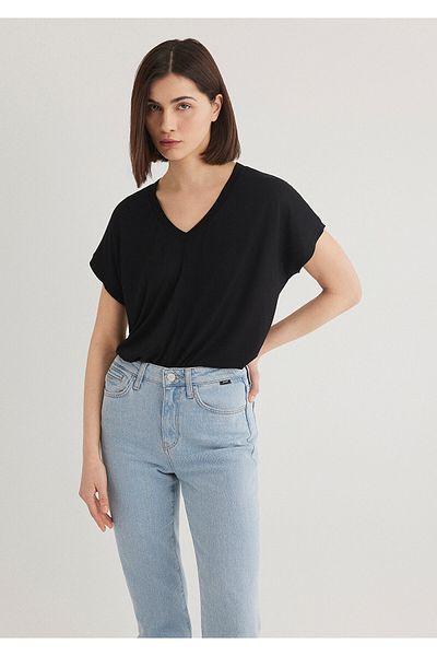 Mavi Černé viskózové tričko s výstřihem do V -RegularFit 166449 -900