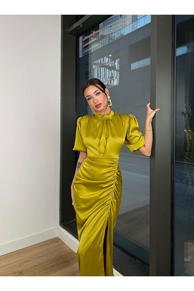 Afiş Butik Oil Green Satin Front Slit Draped Dress