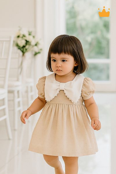 Mymio 6-24 Months Baby Girl Child Bow Collar Corduroy Woven Fabric Summer Eid Dress Brown 4395