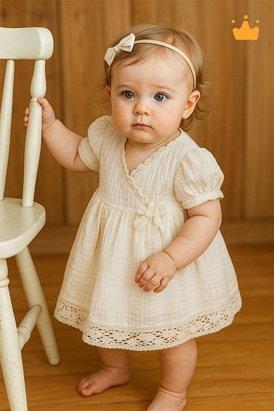 Mymio 0-24 Months Baby Girl Child Glittery Muslin Double Breasted Look Balloon Sleeve Dress 4216