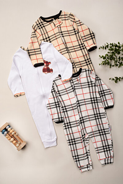 ENİA BABY Unisex Kareli Bebek Desenli Fermuarlı 3lü Tulum 9-12-18 ay 3'lü Pam...
