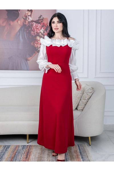 Nice Model Red Long Sleeve Evening Dress Elegant Formal Gown with Ruffles Women Party Wear
