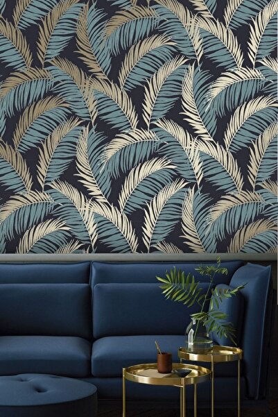 Bien Duvar Kağıtları Bien Exclusive 5323 Palmiye Tropikal Çiçek Gold Mavi Parlement Lacivert Duvar Kağıdı 5,30 M²