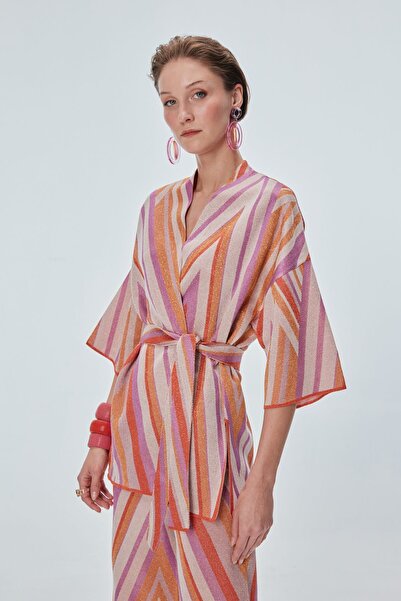 JOIN US Renk Bloklu Beli Kemerli Kimono Hırka