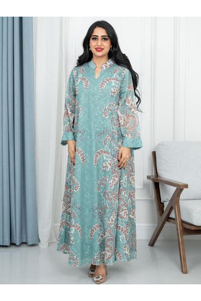 Nice Model Women's Floral Print Long Jalabiya Light Blue Wide Sleeve Maxi Dress Traditional Kaftan