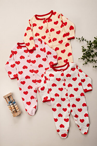 Mıdırık Baby Girl Heart Patterned 3-Piece Jumpsuit Set Newborn Outfit 3-6-9 M...