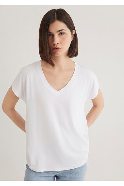 Mavi Tricou alb de bază viscoză cu decolteu în V Regular Fit 167714 -620