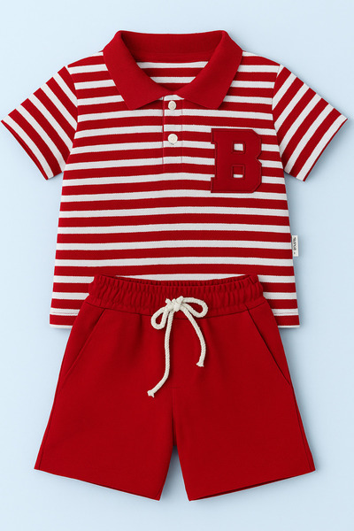 ZİMBOO Erkek Bebek Çizgi Baskılı Kumaş 2 Li Şortlu Takım