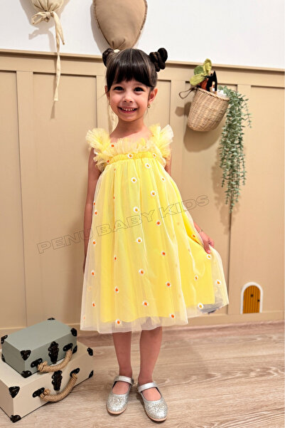 penu baby kids Sarı Nakış Papatya Işlemeli Askılı Kız Bebek & Kız Çocuk Elbise - Margarita