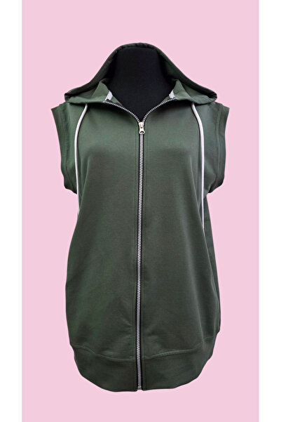 AHMERA Unisex Khaki Green Regular Fit Hooded Vest with Pockets