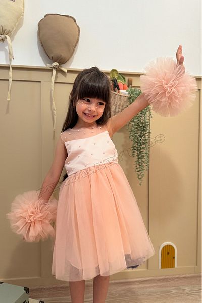 penu baby kids Salmon Top Pearl Tulle Big Pompom Girl's Baby Girl Dress