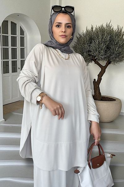 Aselim Hijap Moda Serinsoft Summer Double Suit - Pocket Pants & Flowy Tunic 36-48 Size Beige