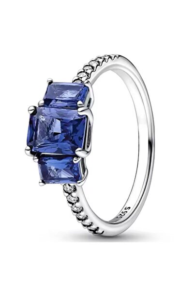POSEİDONS JEWELLERY Mavi Üçtaşlı Dikdörtgen Yüzük