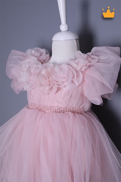 MİNİMONY Ροζ γιακά τούλι φόρεμα κοριτσιού 2-6 ετών Eid Wedding Dress Powder 3502