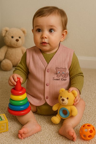 Nimini Kids Ribbed Combed Cotton Knitted Cute Animal Patterned Snap Fastener Baby Vest