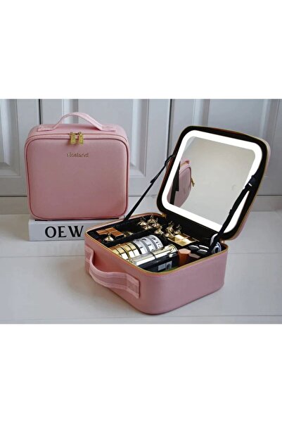 Caka حقيبة مكياج للسفر مع مرآة منظم باللون الوردي