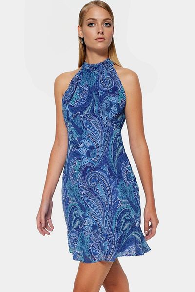 PayBuy Chiffon Mini Dress Floral Pattern Halter Neck Summer Lined Premium Quality Zarifane Design