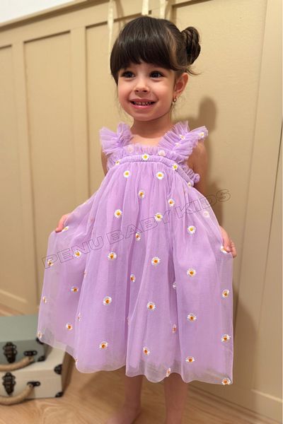 penu baby kids Lilac Embroidery Daisy Embroidered Strap Baby Girl & Girl Dress - Margarita
