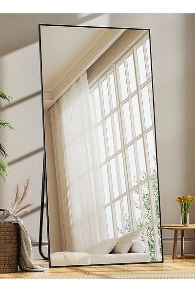 Taimi Extra Large Mirror With Elegant Design 180 X 80 Cm - Black Metal Frame And Back Stand