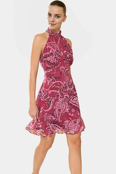 PayBuy Chiffon Mini Dress Floral Pattern Halter Neck Summer Lined Premium Quality Zarifane Design